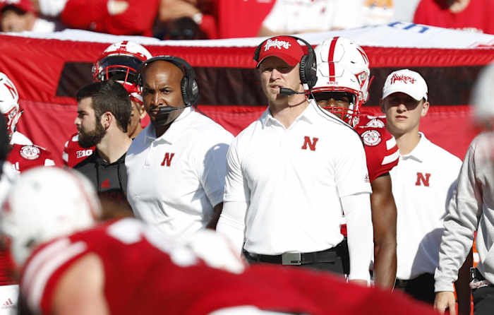 Scott Frost and Greg Austin 2019 Northwestern USATSI_13466743